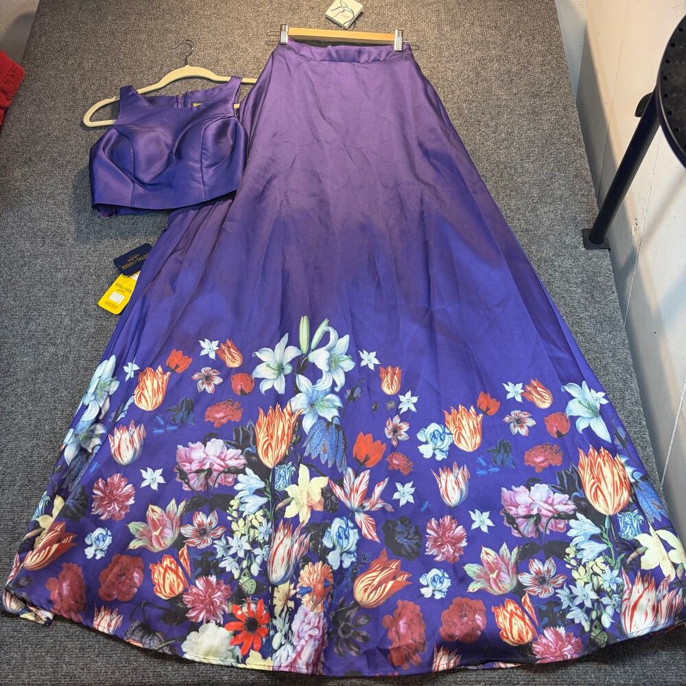 Royal Queen Collection Purple Floral Two Piece Crop Top Maxi Skirt Set Size 2